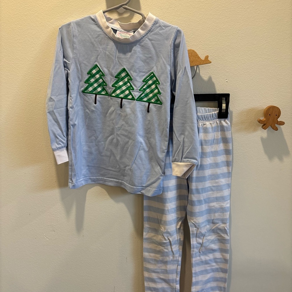 Light Blue Kids Pajama Set with Green Tree Appliqués - Picture 1 of 3